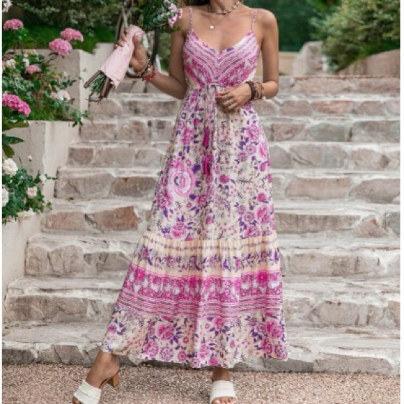 Boho floral print drawstring waist cami dress - Picture 2 of 16